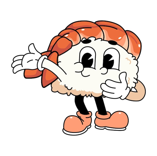 Retro sushi logotipo de la mascota ebi sushishrimp sushi postura de bienvenida
