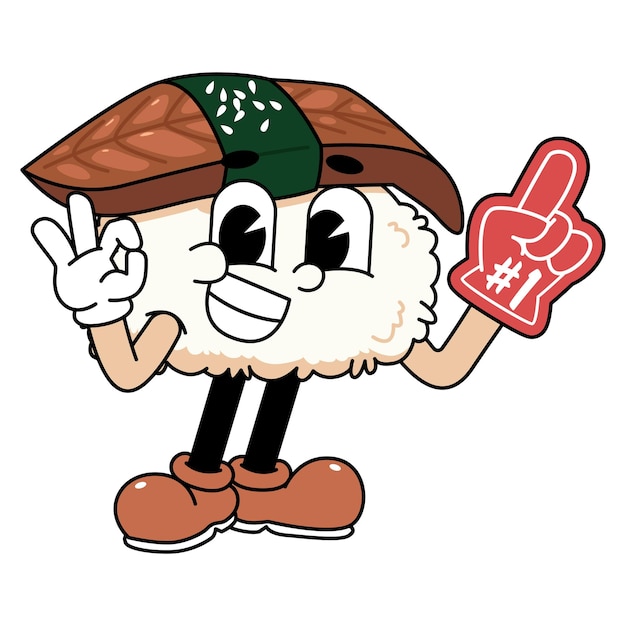 Retro sushi mascota logotipo anguila sushi unagi sushi con Ok postura y usando el guante número uno