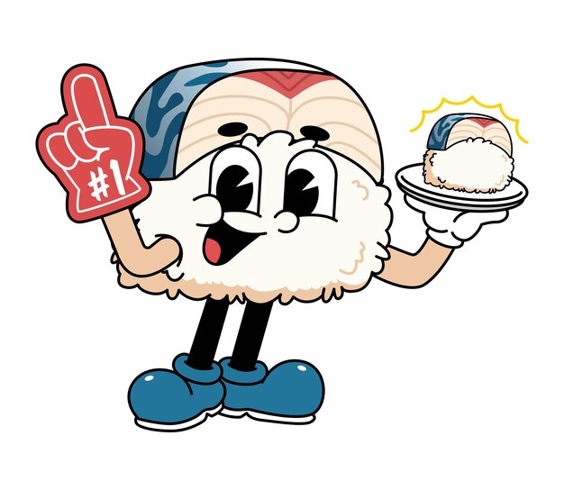 Retro sushi mascota logotipo caballa sushi con el número uno guante