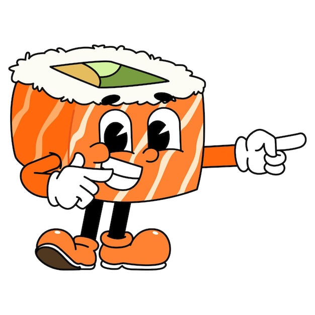 Retro sushi mascota logotipo sake sushi rollo de salmón sushi sushi señalando con la mano derecha