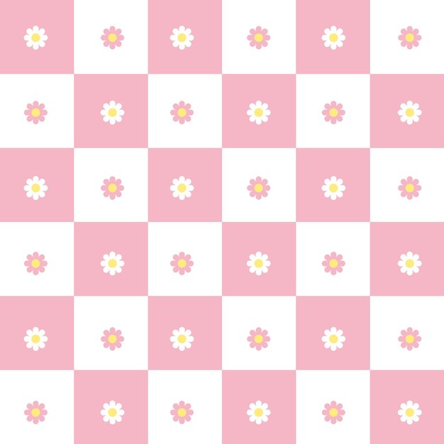 Retro tablero de ajedrez groovy patrón sin costuras con flores de margarita en un fondo a cuadros rosado lindo colorido ilustración vectorial de moda en el estilo de los años 70 80 para el diseño de superficie