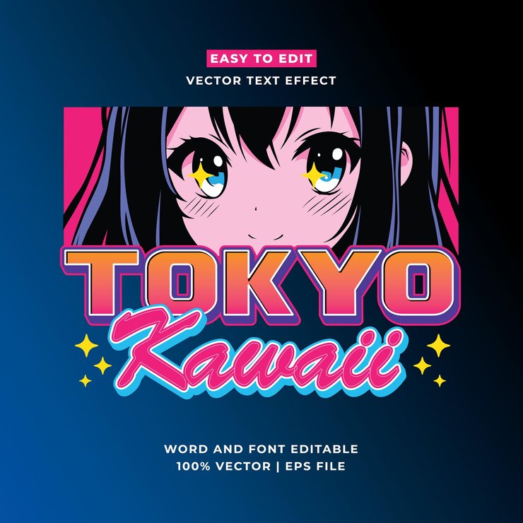Retro Tokio Japón 3D vector estilo de dibujos animados efecto de texto editable Vector logo icono