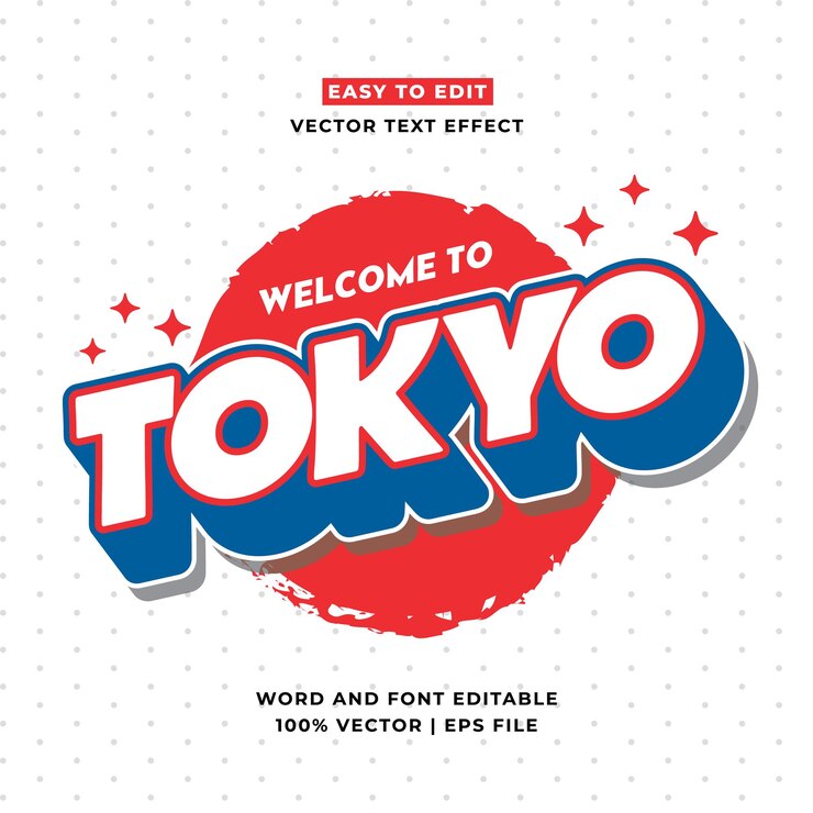 Retro Tokio Japón 3D vector estilo de dibujos animados efecto de texto editable Vector logo icono