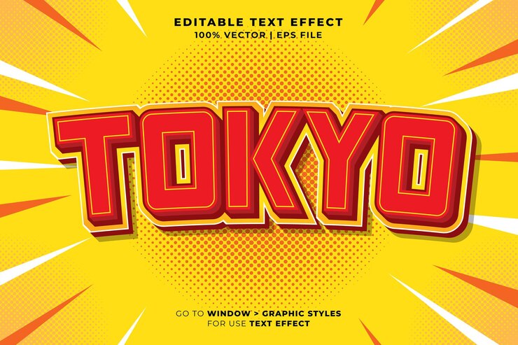 Retro Tokio Japón estilo de dibujos animados vectoriales 3D efecto de texto editable icono de logotipo vectorial