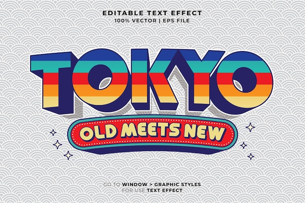 Retro Tokio Japón estilo de dibujos animados vectoriales 3D efecto de texto editable icono de logotipo vectorial
