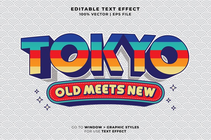 Retro Tokio Japón estilo de dibujos animados vectoriales 3D efecto de texto editable icono de logotipo vectorial