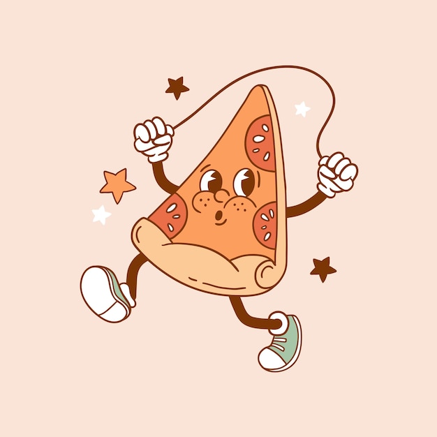 Retro vector pizza personaje lindo diseño de comida chatarra dibujado a mano deporte y juego clipart