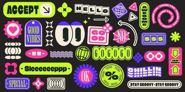 Vector retro vibes 90s inspired stickers con un globo un corazón con piernas y una flor alegre