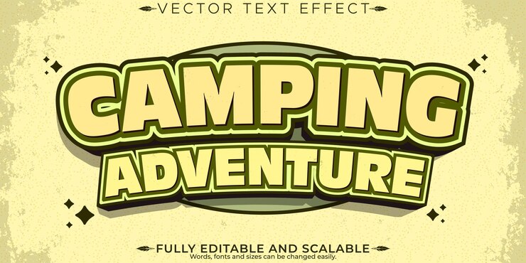 Vector retro vintage camping aventura efecto de texto editable estilo de texto de los años 70 y 80