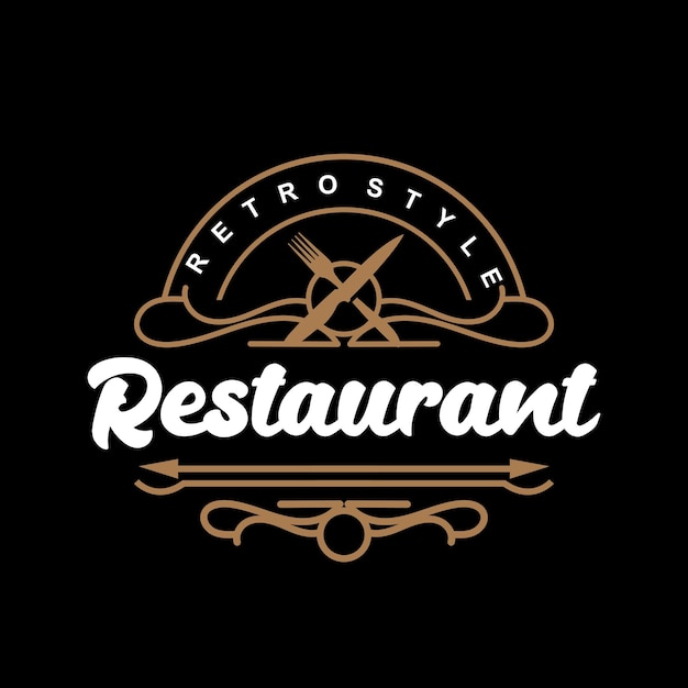 Retro Vintage Style Ornament Design Logo Retro Restaurant Typography Emblem Vector Line Simple Elegant Tenedor Cuchara y cuchillo