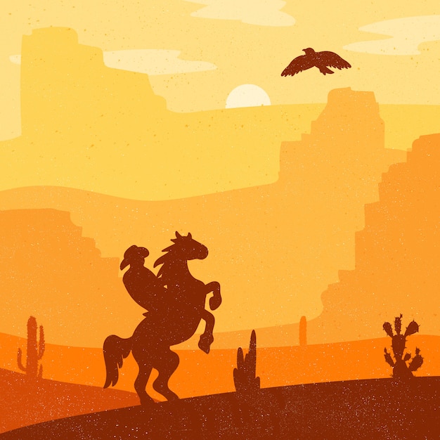 Vector retro wild west hero en galopando caballo en el desierto