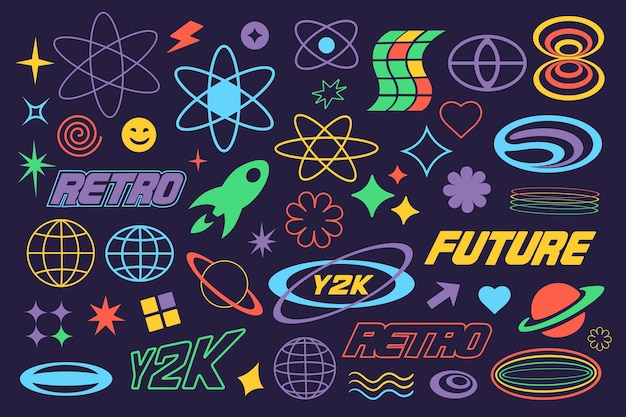 Retro y2k elementos futuristas establecidos en diseño gráfico plano Colección aislada de símbolos de los años 2000 de coloridas estrellas groovy relámpagos átomos cohetes cósmicos planetas otras formas Ilustración vectorial