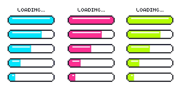 Retro Y2K Pixel Progress Bar set 8 bit loader process status Game interface element Vector