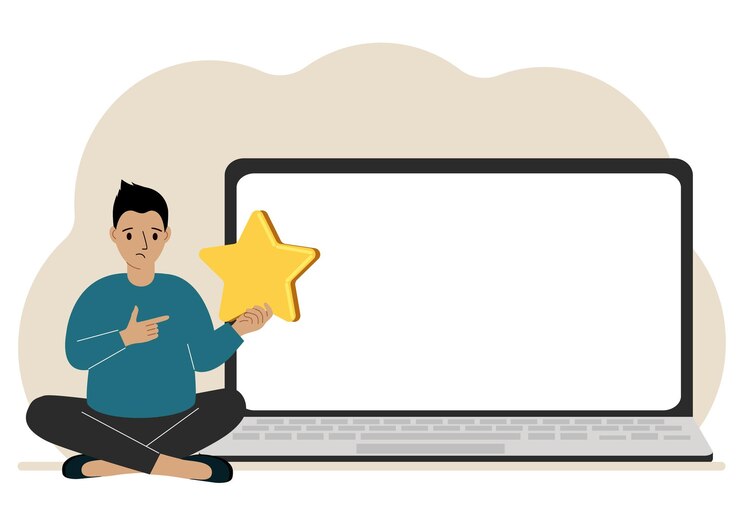 Vector retroalimentación en línea experiencia del cliente concepto de satisfacción del usuario hombre que otorga una calificación de estrellas en línea usando una computadora portátil encuesta comercial de retroalimentación positiva