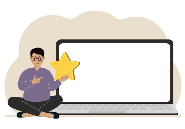 Retroalimentación en línea experiencia del cliente concepto de satisfacción del usuario Hombre que otorga una calificación de estrellas en línea usando una computadora portátil Encuesta comercial de retroalimentación positiva