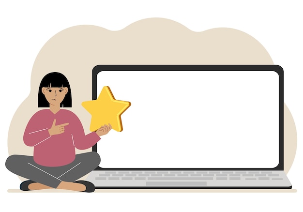 Retroalimentación en línea experiencia del cliente concepto de satisfacción del usuario Mujer dando calificación de estrellas en línea usando una computadora portátil Encuesta comercial de retroalimentación positiva