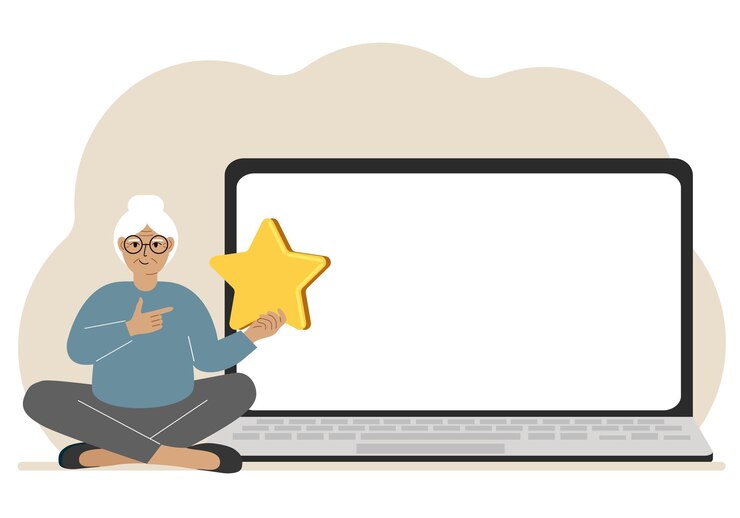 Vector retroalimentación en línea experiencia del cliente concepto de satisfacción del usuario mujer dando calificación de estrellas en línea usando una computadora portátil encuesta comercial de retroalimentación positiva