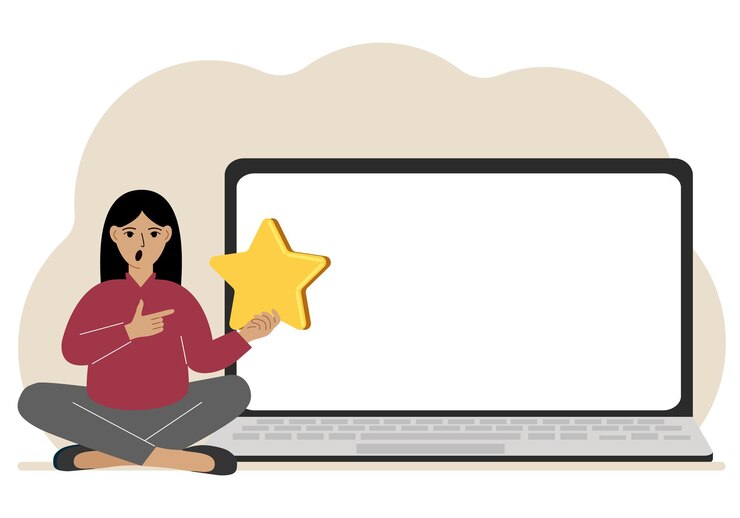 Vector retroalimentación en línea experiencia del cliente concepto de satisfacción del usuario mujer dando calificación de estrellas en línea usando una computadora portátil encuesta comercial de retroalimentación positiva