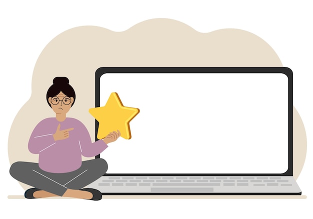 Retroalimentación en línea experiencia del cliente concepto de satisfacción del usuario Mujer dando calificación de estrellas en línea usando una computadora portátil Encuesta comercial de retroalimentación positiva