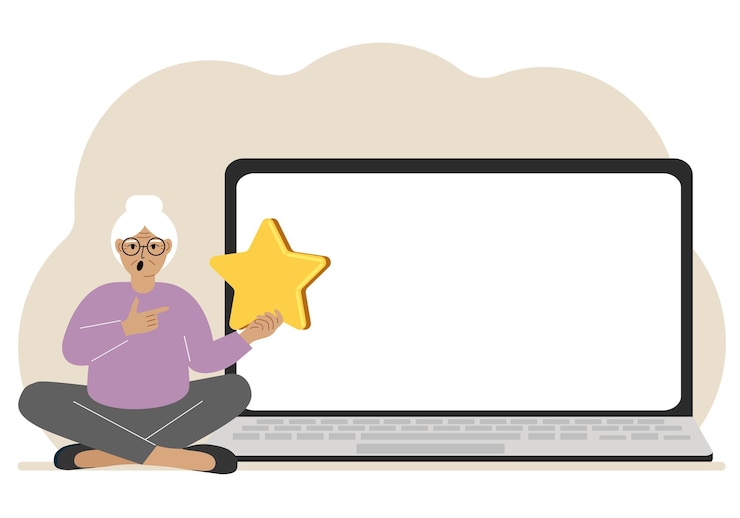 Vector retroalimentación en línea experiencia del cliente concepto de satisfacción del usuario mujer dando calificación de estrellas en línea usando una computadora portátil encuesta comercial de retroalimentación positiva