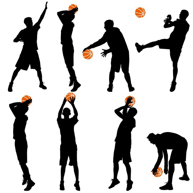 Vector retroceder siluetas de hombres jugando baloncesto sobre un fondo blanco ilustración vectorial