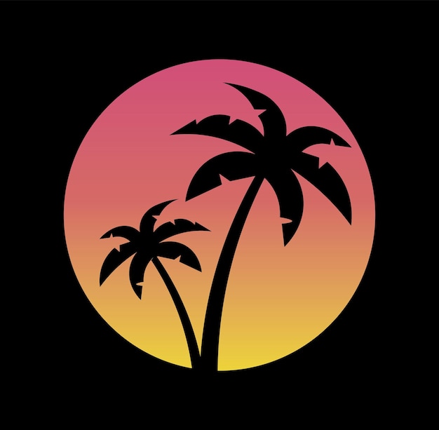 Retrowave ilustración de palmeras contra el icono de vector de puesta de sol púrpura de 1980
