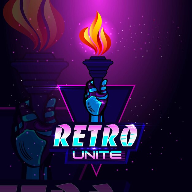 Retrowave o unir la ilustración estética de la antorcha de mano realista de color degradado vintage