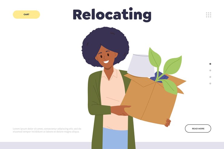 Vector reubicación de la plantilla de diseño de la página de aterrizaje del servicio de mudanza con un personaje femenino que lleva cosas en una caja ilustración vectorial del sitio web para una empresa de entrega que proporciona ayuda a las personas que salen de casa u oficina