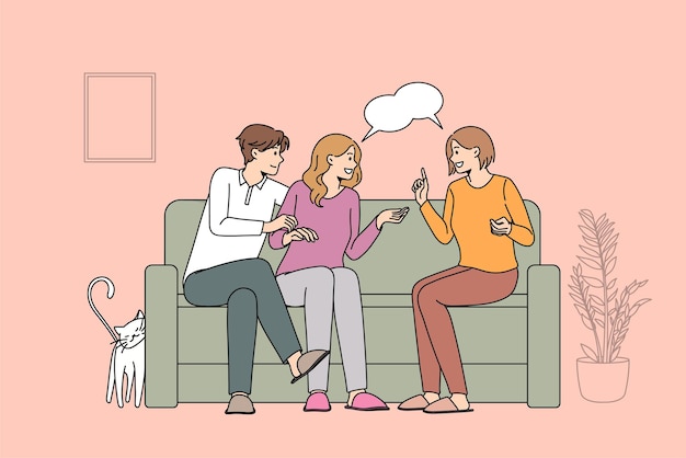 Reunión con amigos y concepto de ocio. Pareja de personas sonrientes y su amiga sentados en el sofá juntos discutiendo cosas en casa ilustración vectorial