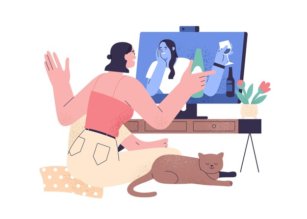 Reunión de amigos en línea. Mujeres con cerveza y vino charlan durante una videollamada. Mujer feliz habla con su novia en la pantalla. Concepto de comunicación virtual. Ilustración de vector plano aislado sobre fondo blanco