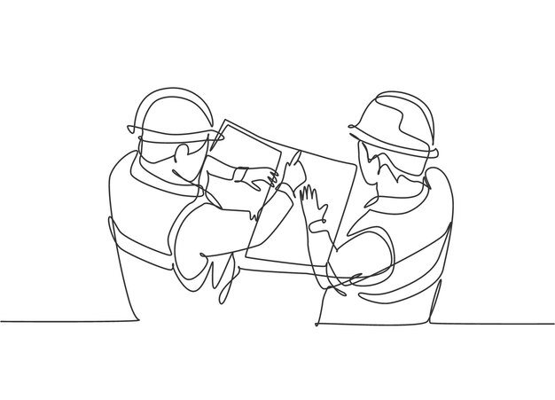 Una reunión de arquitectos de dibujo de línea continua en el sitio de construcción para hablar sobre el vector de diseño de planos