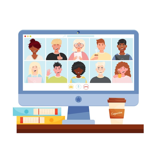 Reunión de conferencia de video chat en línea con un grupo diverso de personas Concepto de lugar de trabajo de oficina en casa Ilustración vectorial