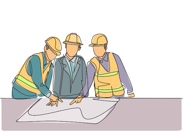 Reunión del diseñador de bocetos de dibujo de una sola línea continua con el arquitecto discutiendo el vector de construcción
