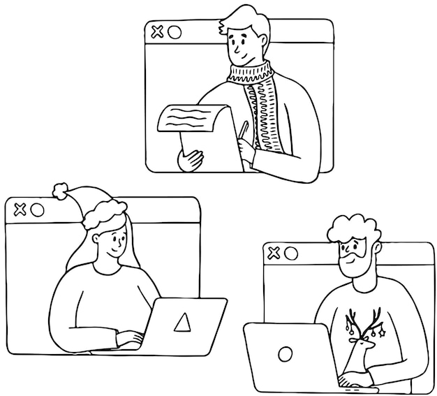 Reunión de equipo en computadoras portátiles para la fiesta de Navidad