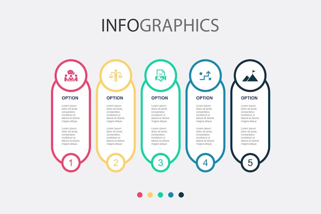 Reunión ética corporativa contrato estrategia misión iconos infografía plantilla de diseño concepto creativo con 5 pasos