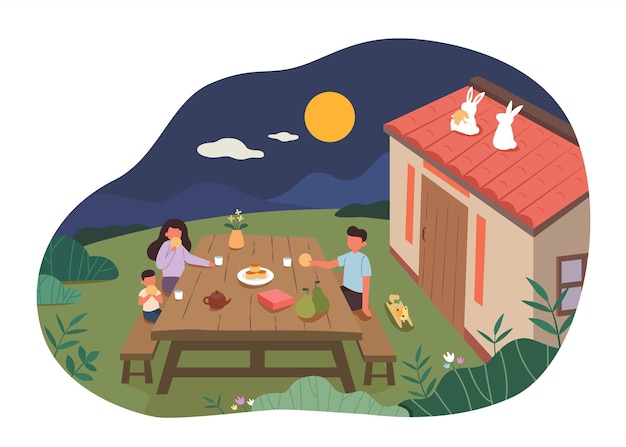 Reunión familiar del festival de mediados de otoño ilustración plana de una familia reunida en vacaciones y dos conejos de jade sentados en un tejado de azulejos mirando la luna por la noche