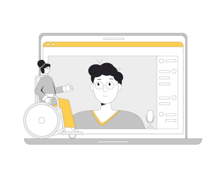 Vector reunión en línea comunicación de inclusión digital la gente habla entre sí en la pantalla de la computadora portátil