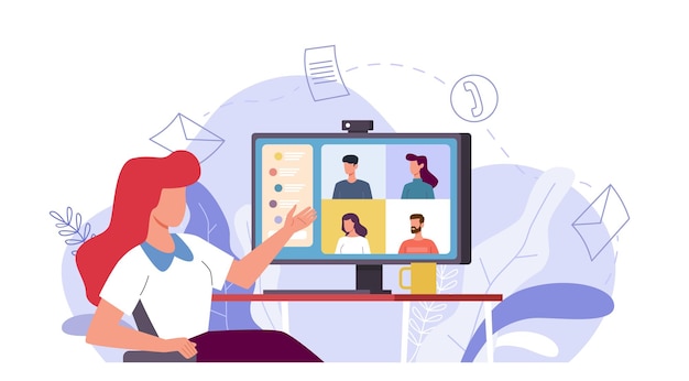 Reunión en línea. mujer hablando con el grupo de personas en la pantalla del monitor, trabajo remoto de videoconferencia con computadora, chat virtual con amigos o concepto plano de vector de comunicación por internet e-learning