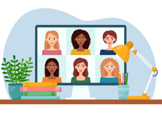 Reunión en línea a través de videoconferencia mujeres que se conectan juntas aprendiendo o reuniéndose en línea trabajo remoto ilustración vectorial