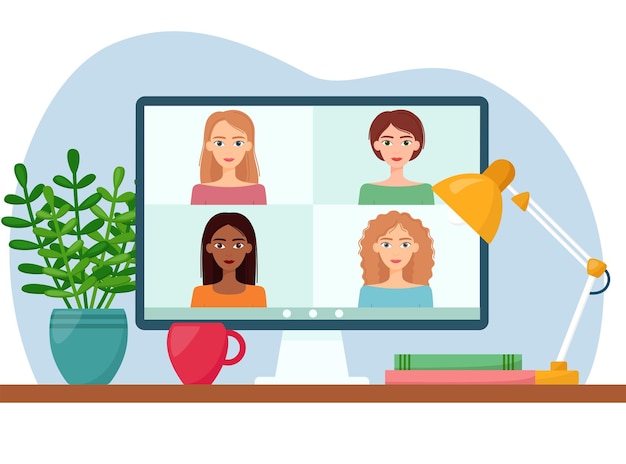 Reunión en línea a través de videoconferencia Mujeres que se conectan juntas aprendiendo o reuniéndose en línea Trabajo remoto Ilustración vectorial