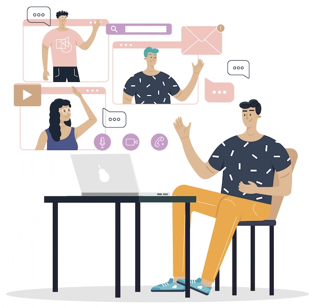 Reunión en línea. Video de aterrizaje de la conferencia. Personas en la computadora y la pantalla del teléfono inteligente. Reunión de trabajo virtual. Ilustración vectorial plana