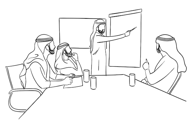 Reunión de negocios entre hombres de negocios árabes Concepto de presentación Diseño de ilustración de vector de dibujos animados