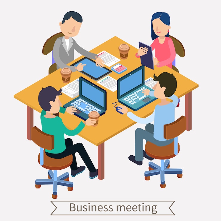 Vector reunión de negocios y trabajo en equipo concepto isométrico. trabajadores de oficina con computadoras portátiles, tabletas y documentos