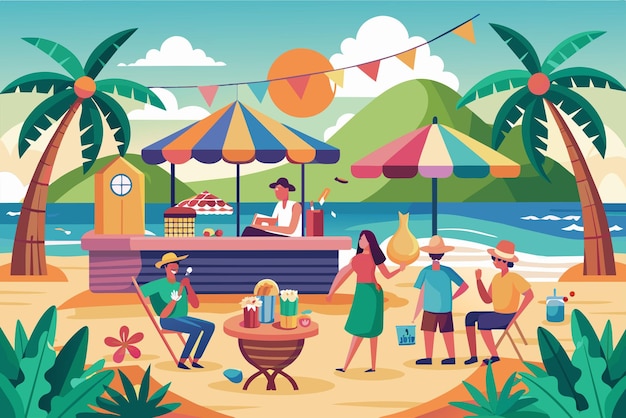 Vector una reunión de personas de pie juntas en una playa de arena disfrutando de la vista costera ilustra el concepto de tokenización en los ecosistemas de blockchain