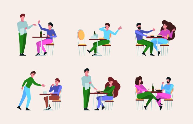 Reunión en el restaurante La gente tiene un descanso en el club comiendo y bebiendo líquidos bebidas alimentos agua y alcohol fondo de dibujos animados de vector chillón