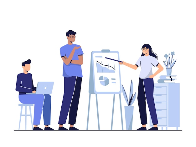 Reunión de trabajo en equipo y presentación en la ilustración de la oficina