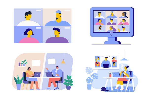 Reunión virtual Jóvenes que trabajan en computadoras portátiles y computadoras en casa Vector plano