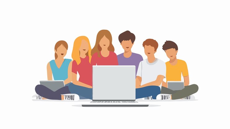 Vector reuniones de grupos diversos alrededor de la computadora portátil para la colaboración y el trabajo en equipo en estilo vectorial plano