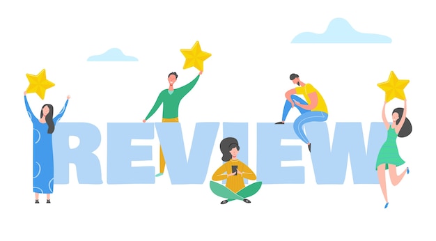 Revisar la ilustración del concepto. Personajes de personas con estrellas doradas. Hombres y mujeres califican los servicios y la experiencia del usuario. Opinión positiva de cinco estrellas, buenos comentarios. dibujos animados