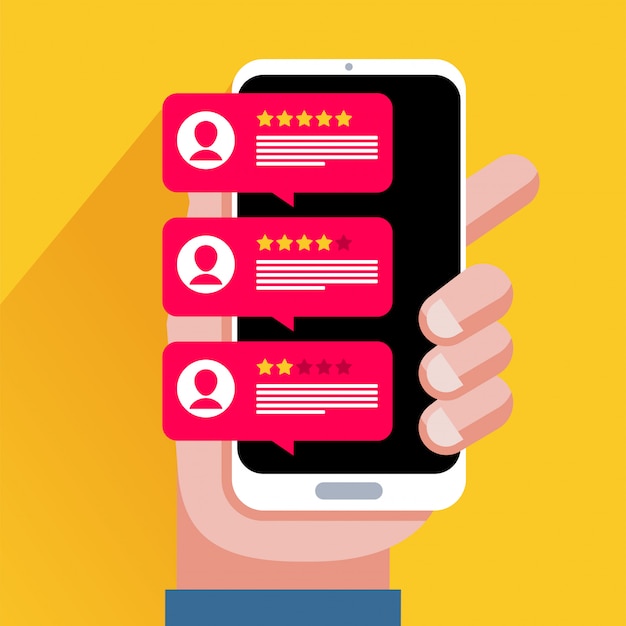 Vector revise los discursos de burbujas de calificación en la ilustración del teléfono móvil, el teléfono inteligente de estilo plano revisa las estrellas con una tasa y texto buenos y malos, el concepto de mensajes de testimonios, notificaciones, comentarios